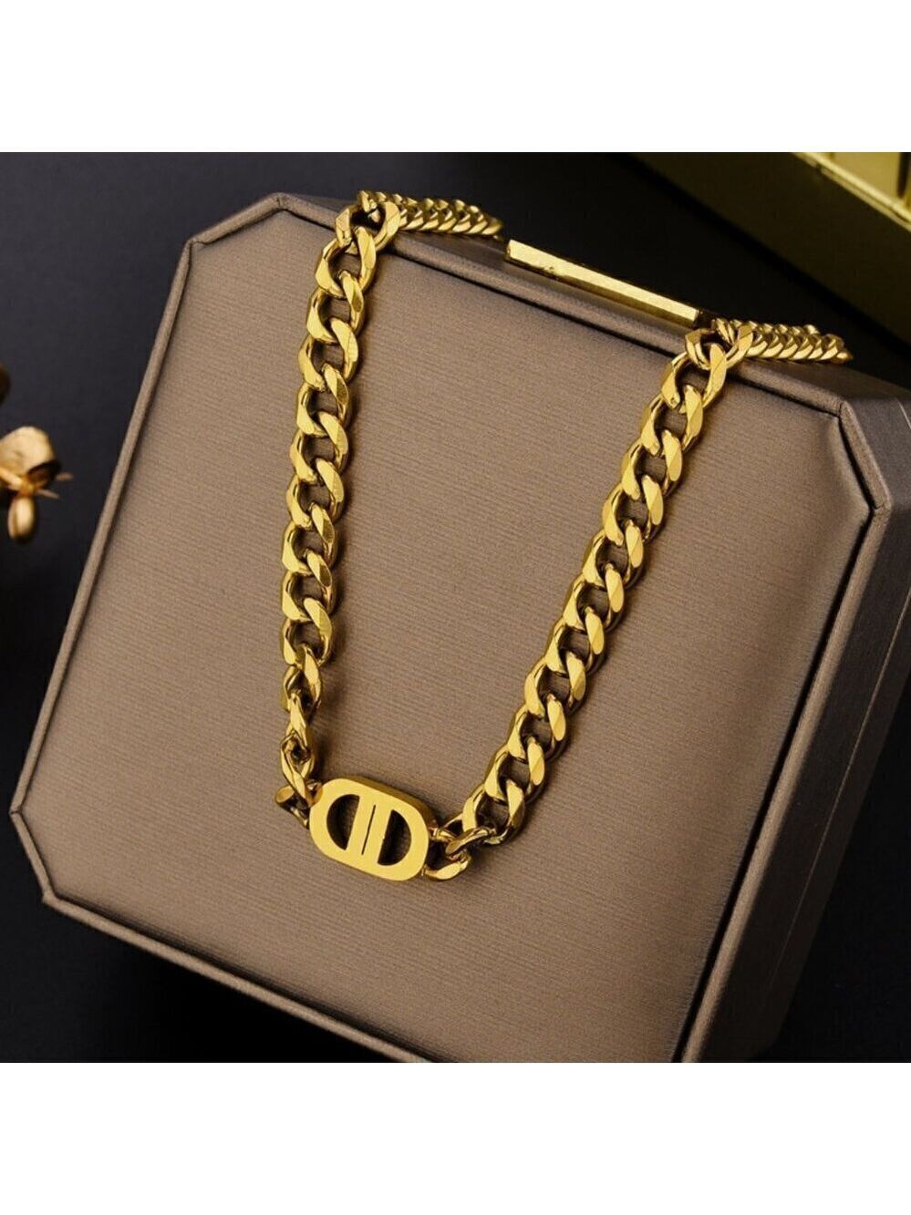 18K Gold Plated Titanium Steel Chunky Curb Link CD Style Chain Necklace